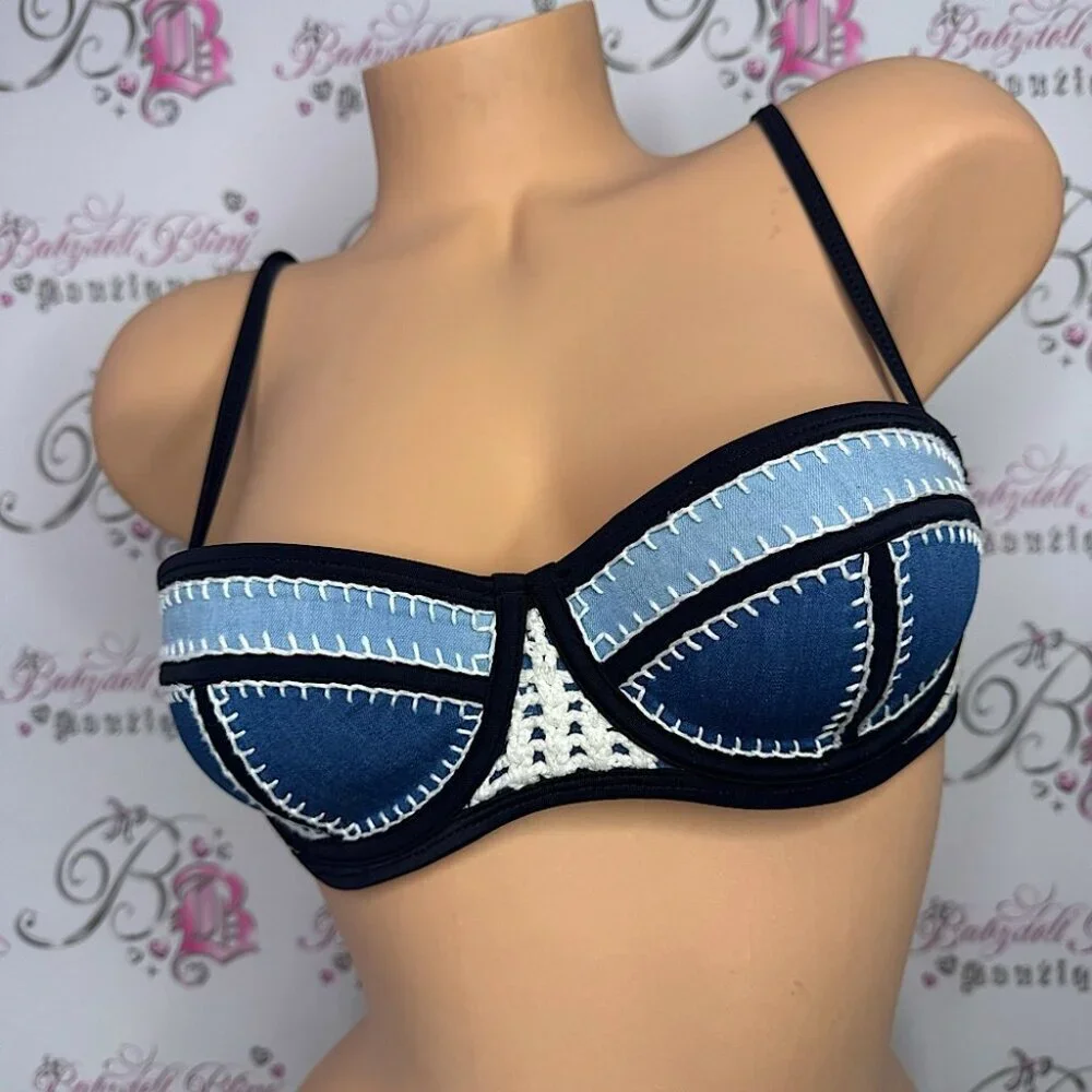 Triangl swimwear top bikini denim jean crochet blue navy cream snap back closure